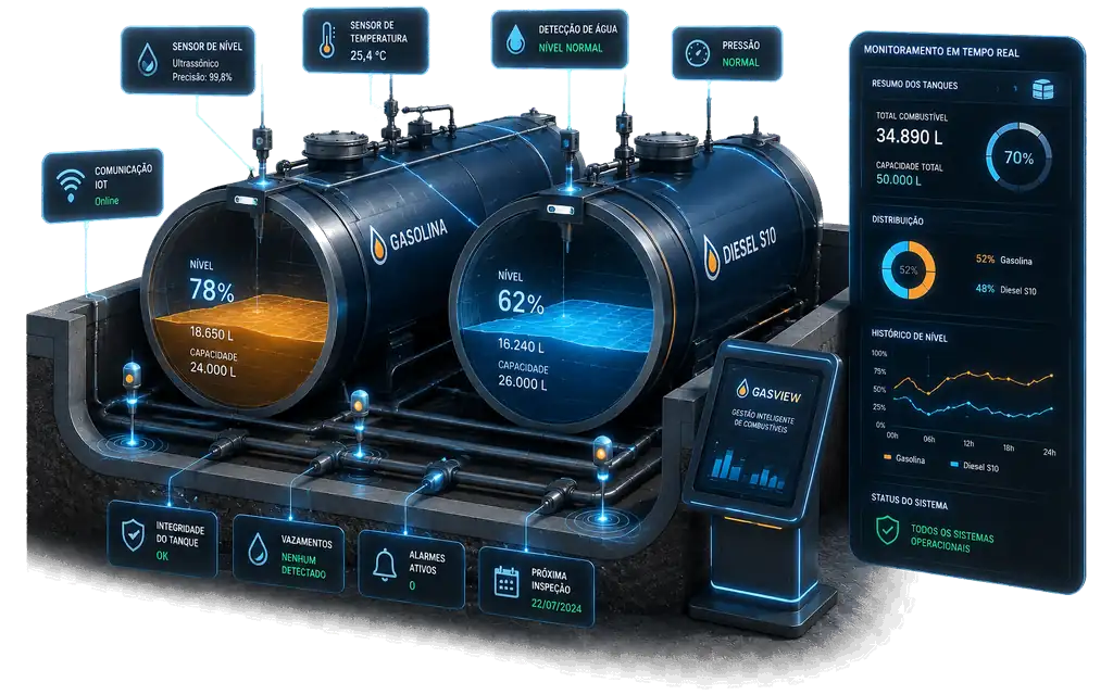 Dois tanques em corte, de gasolina e de diesel S10, com o nível de combustível destacado e um painel de monitoramento ao lado mostrando total, capacidade e histórico do dia